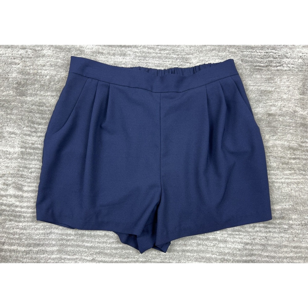 Venus Pleated Shorts Womens Medium Navy Blue High Waist Elastic Back Pockets USA